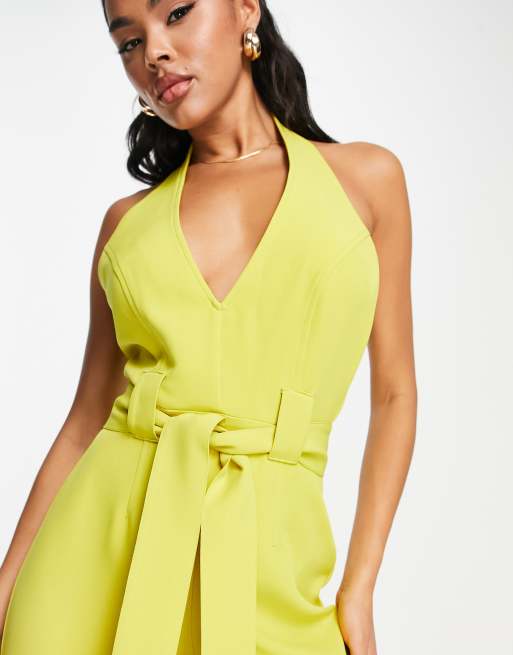 ASOS DESIGN textured halter jumpsuit with belt and large pocket in