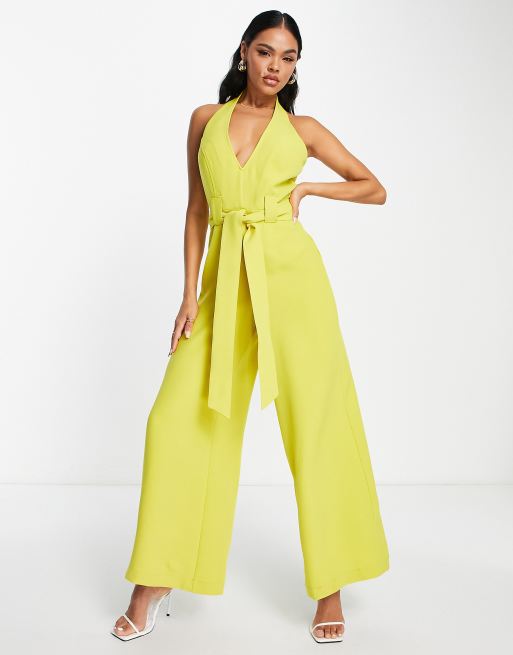 ASOS DESIGN structured halter jumpsuit with tie waist detail in