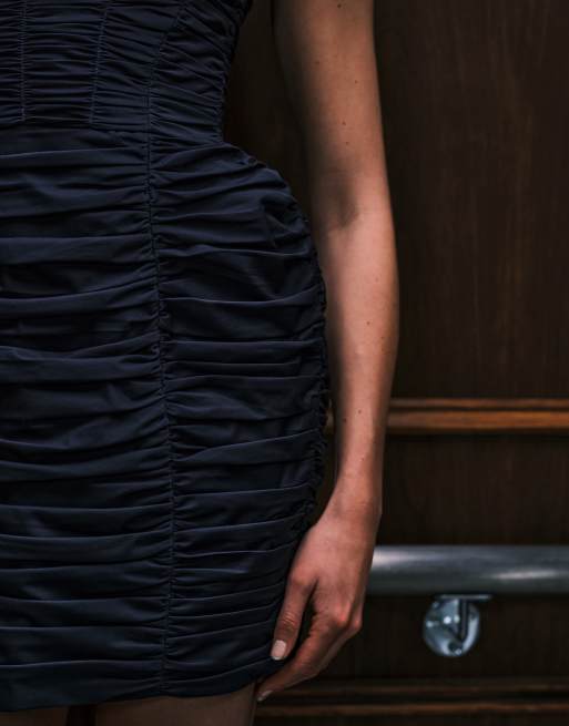 ASOS DESIGN structured halter mini dress with ruching in navy, 3 of 4