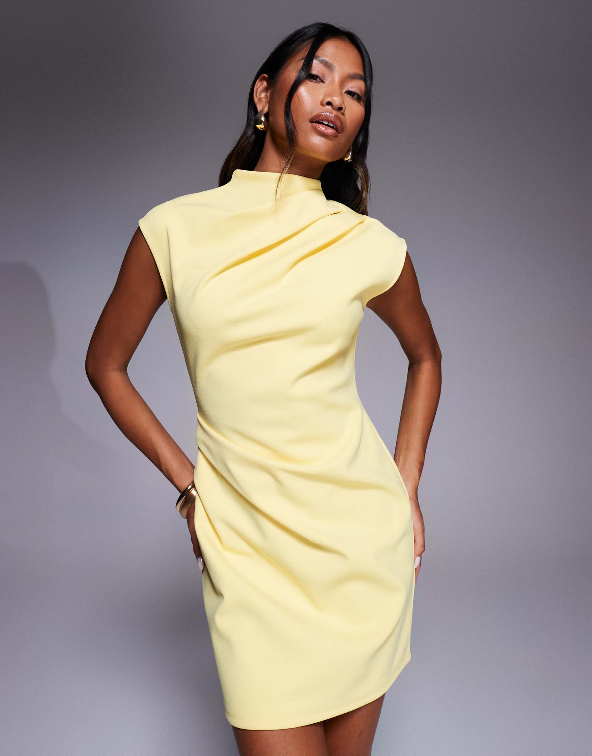 asos design structured high neck mini dress in pastel yellow in scuba-style fabric