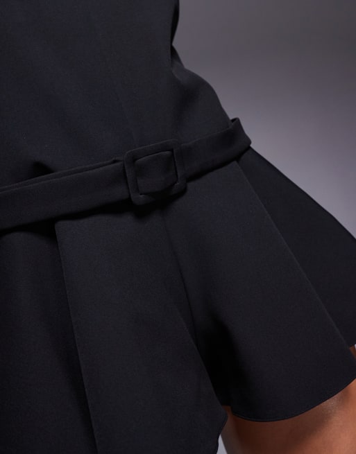 ASOS DESIGN structured high neck romper with belt and pep hem detail in black