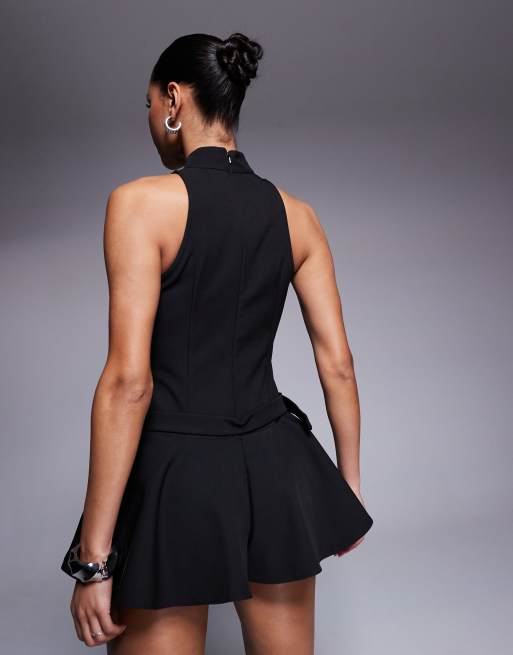 ASOS DESIGN structured high neck romper with belt and pep hem detail in black