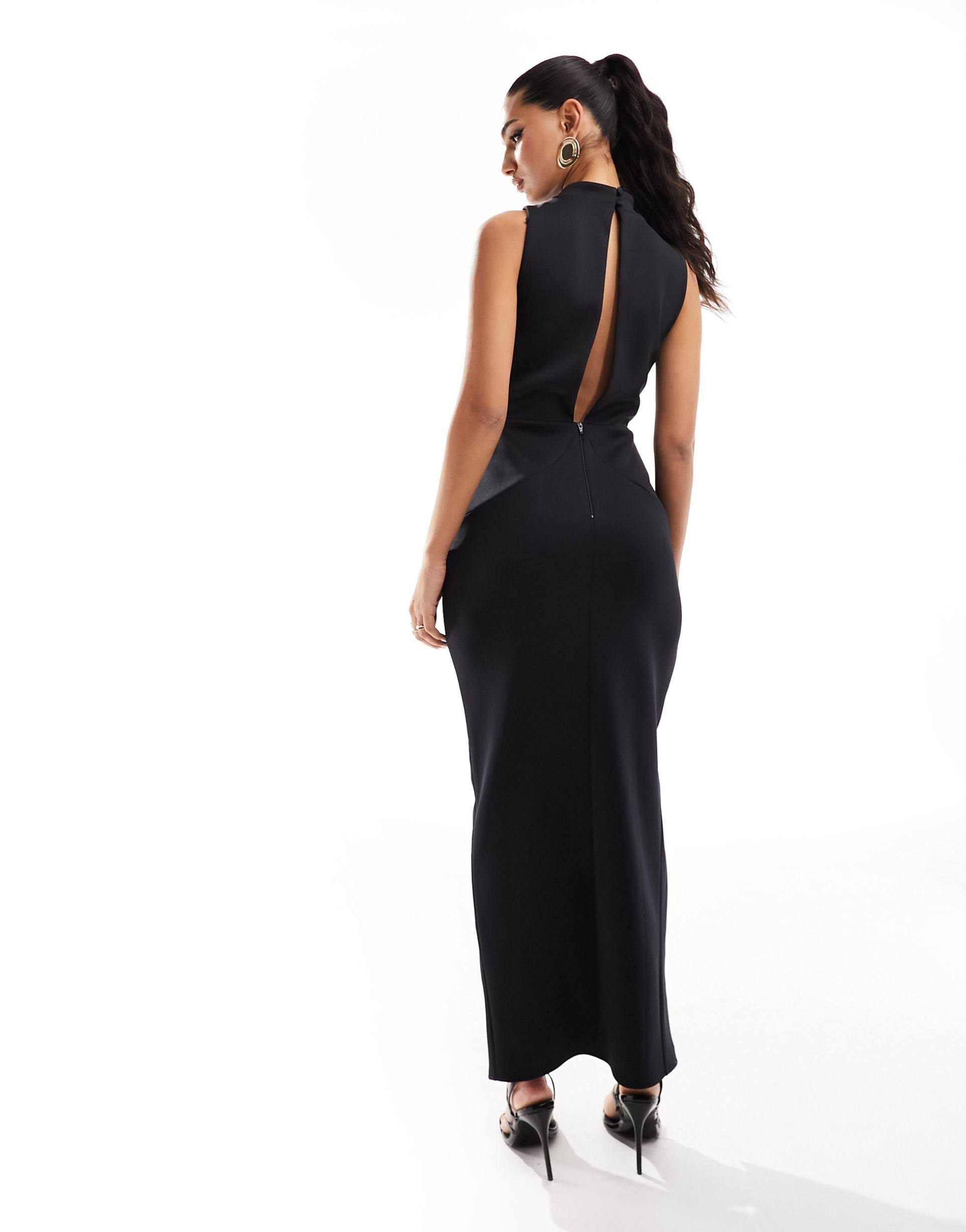 asos design structured hip tuck high neck midi dress in black