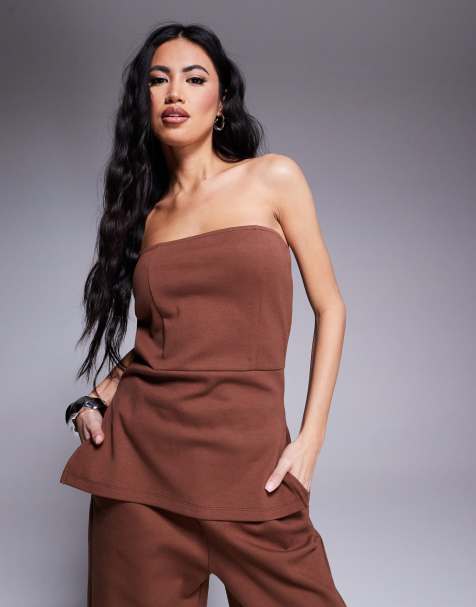 ASOS DESIGN structured interlock bandeau co ord in brown - view 1