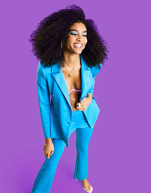 Suits & Separates structured jersey double breasted suit blazer in pop blue 