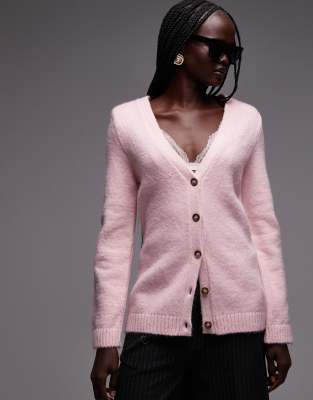 Asos Design Structured Knit Cardigan With Shoulder Pads In Pink