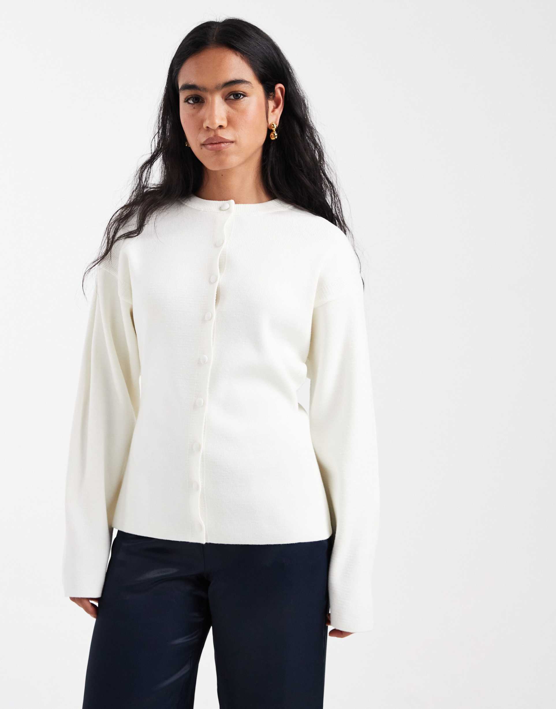 asos design structured knit crew neck cardigan with covered buttons in cream