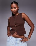 [ASOS DESIGN] ASOS DESIGN structured knit cropped waistcoat with gold buttons in brown S BROWN