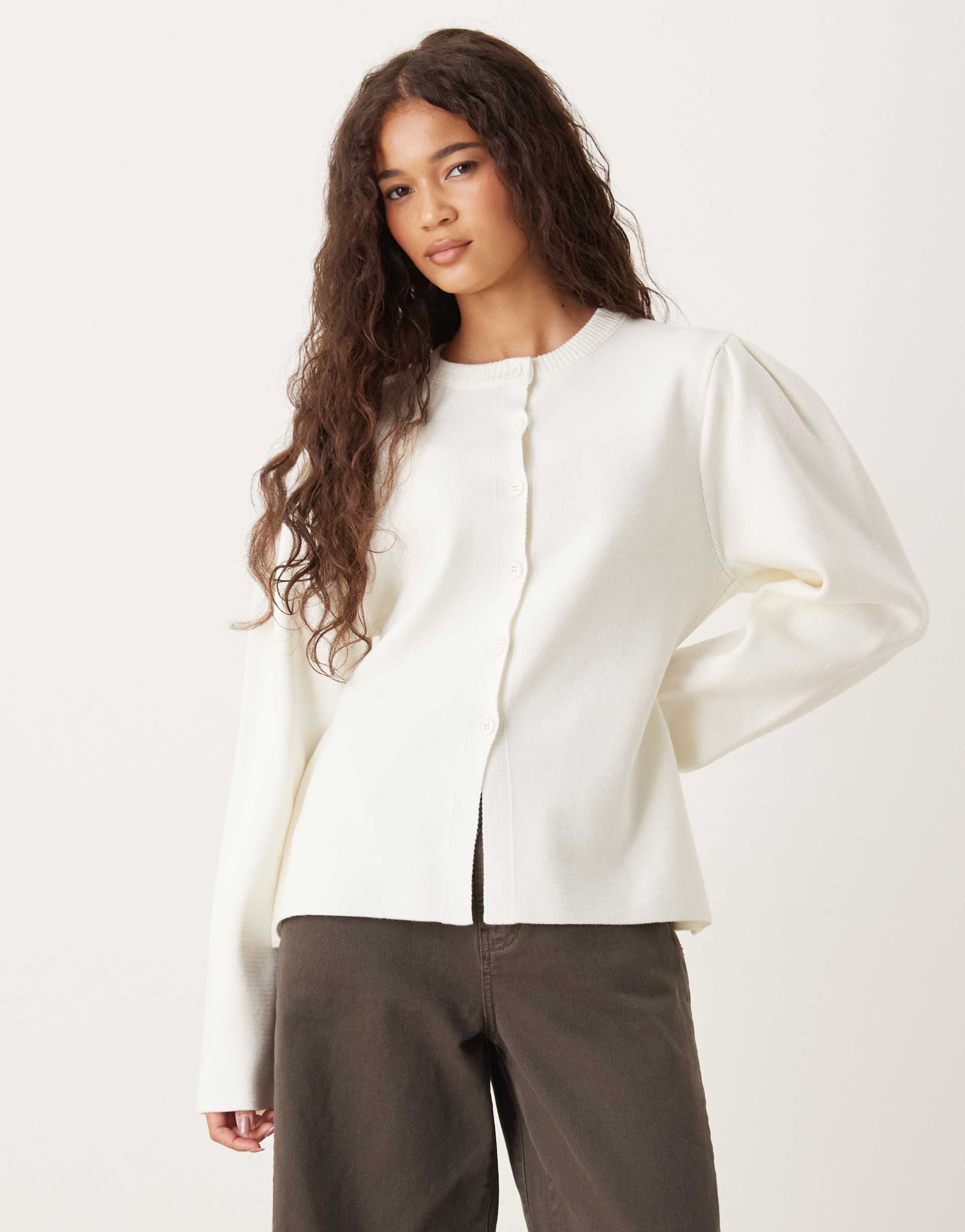 asos design structured knit nipped waist puff sleeve cardigan in cream