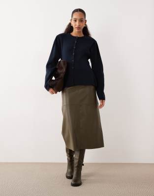 Asos Design Structured Knit Nipped Waist Puff Sleeve Cardigan In Blue