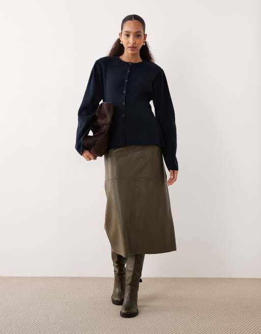ASOS DESIGN structured knit nipped waist puff sleeve cardigan in navy, 2 of 4