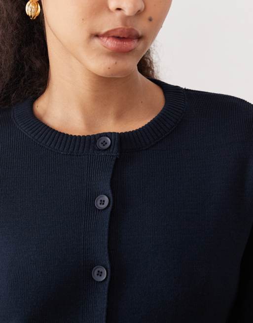 ASOS DESIGN structured knit nipped waist puff sleeve cardigan in navy, 3 of 4