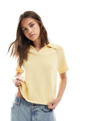 Asos Design Structured Knit Polo Top With Raglan Sleeve In Yellow