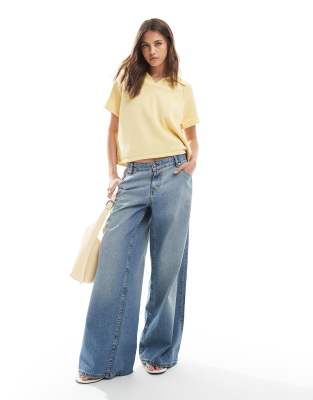 Asos Design Structured Knit Polo Top With Raglan Sleeve In Yellow