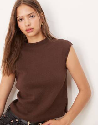 Asos Design Structured Knit Top With Cap Sleeve In Brown
