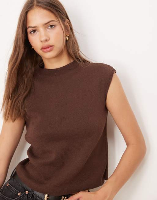 ASOS DESIGN structured knit top with cap sleeve in chocolate, 2 of 4
