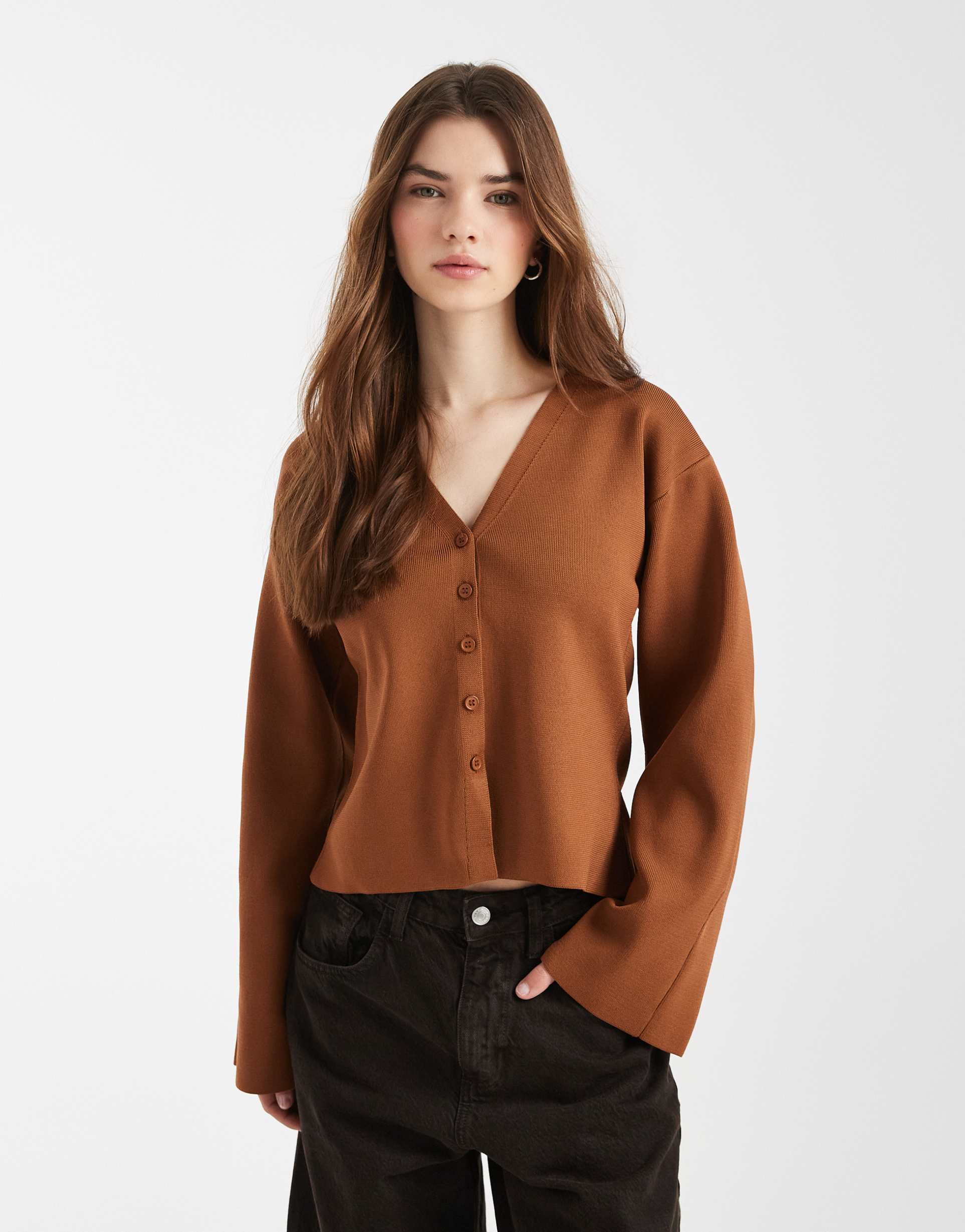 asos design structured knit v-neck cardigan in brown