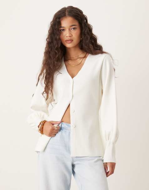 ASOS DESIGN structured knit v neck nipped waist volume sleeve cardigan in cream - view 1