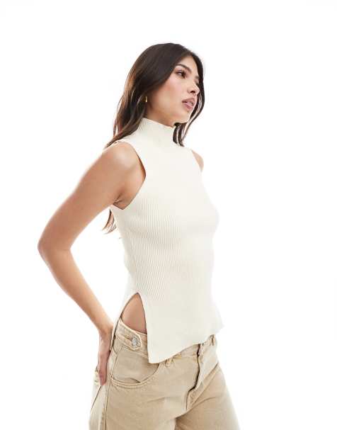 ASOS DESIGN structured knitted funnel neck top in cream - view 1