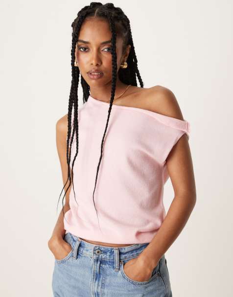 ASOS DESIGN structured knitted off shoulder top in pink - view 1