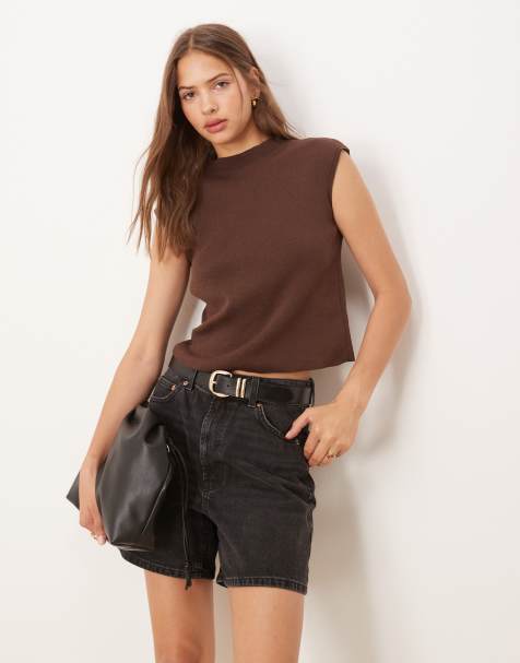 ASOS DESIGN structured knitted top with cap sleeve in chocolate - view 1