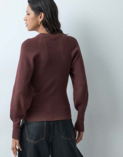 ASOS DESIGN structured knitted volume sleeve top in chocolate, 5 of 10