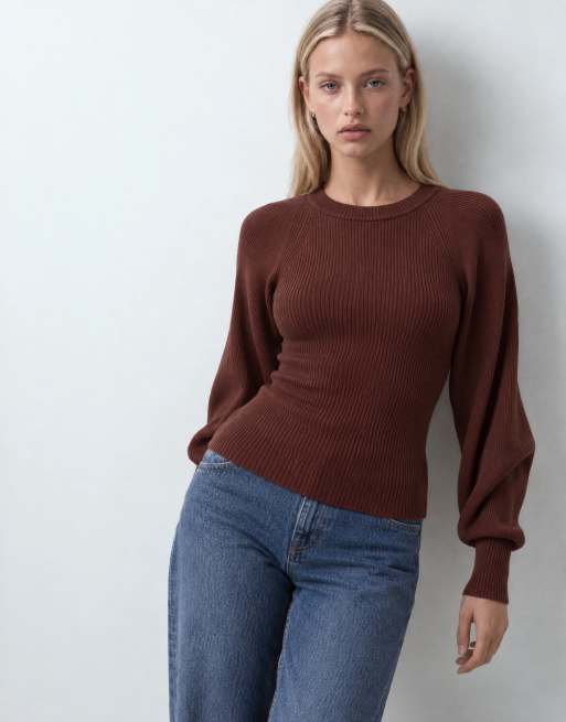 ASOS DESIGN structured knitted volume sleeve top in chocolate, 6 of 10