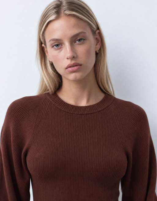ASOS DESIGN structured knitted volume sleeve top in chocolate, 8 of 10