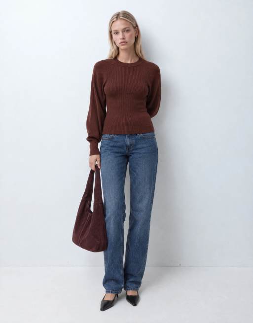 ASOS DESIGN structured knitted volume sleeve top in chocolate, 9 of 10