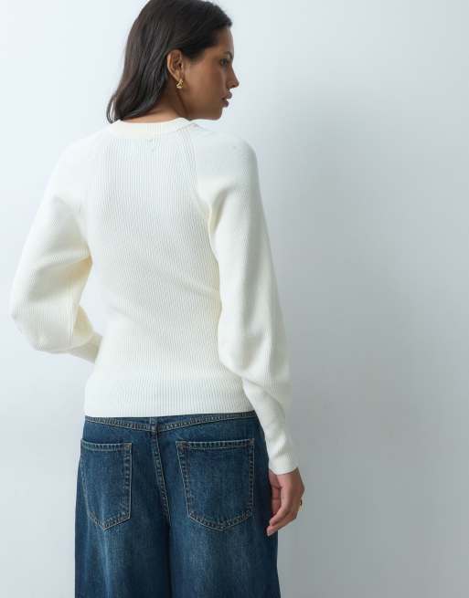 ASOS DESIGN structured knitted volume sleeve top in cream, 5 of 5
