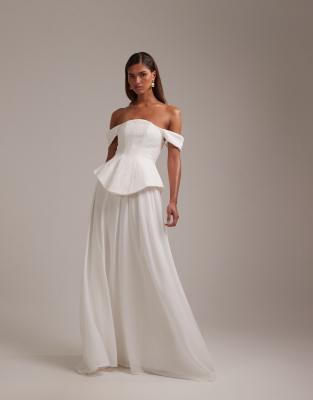 Asos Design Structured Lace Bodice Maxi Wedding Dress With Chiffon Skirt In White