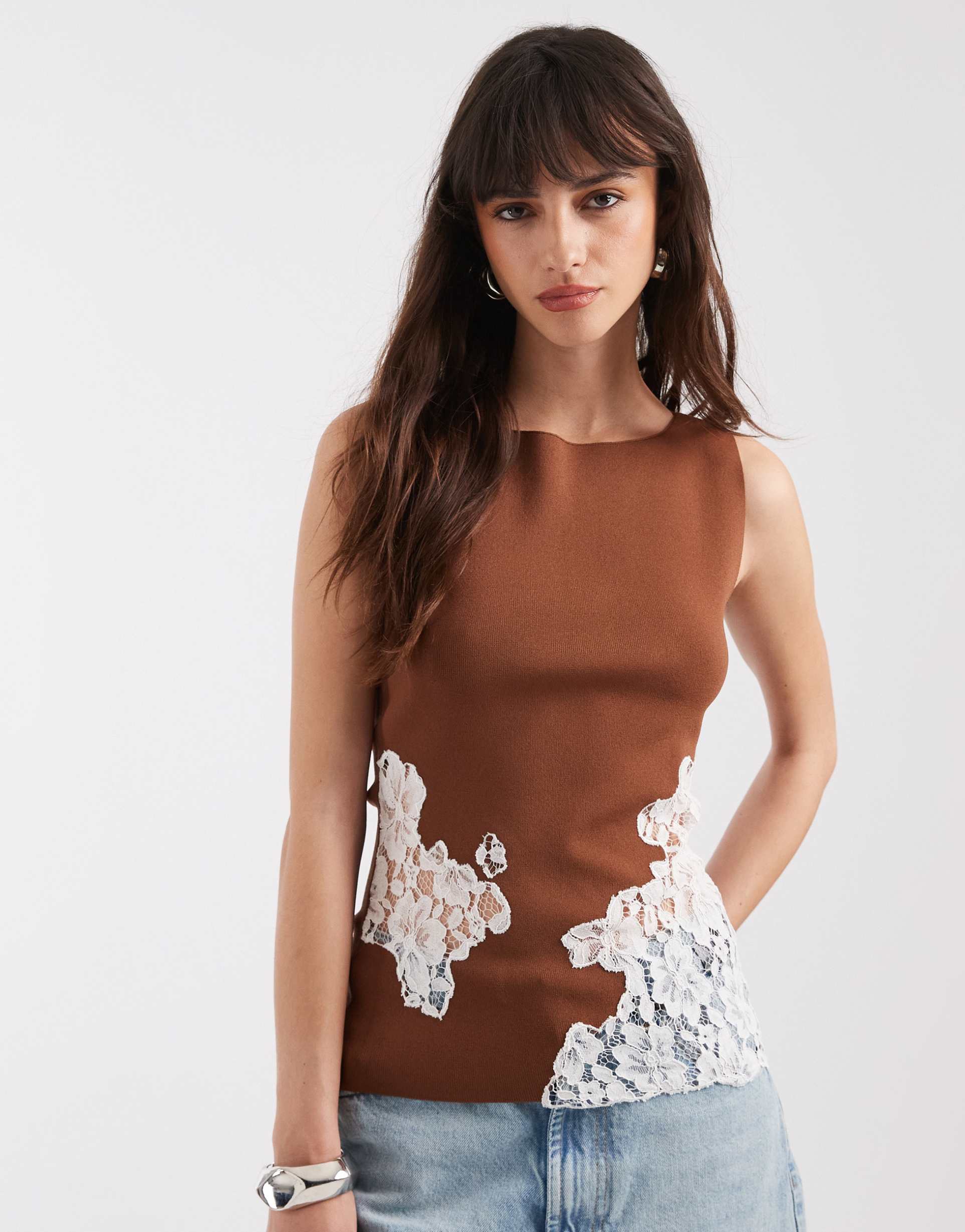 asos design structured lace detail top in auburn - part of a set