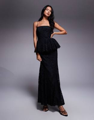 Asos Design Structured Lace Maxi Dress With Volume Godet Bodice In Black