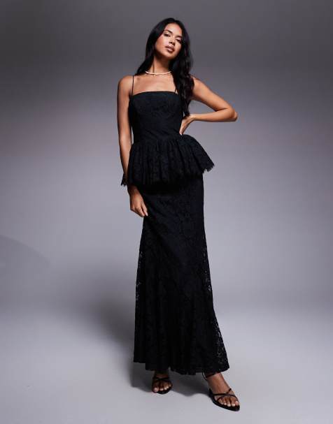 ASOS DESIGN structured lace maxi dress with volume godet bodice in black - view 1