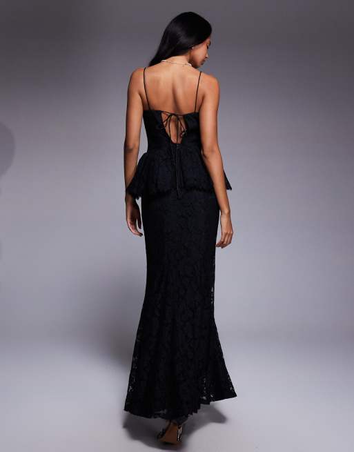 ASOS DESIGN structured lace maxi dress with volume godet bodice in black