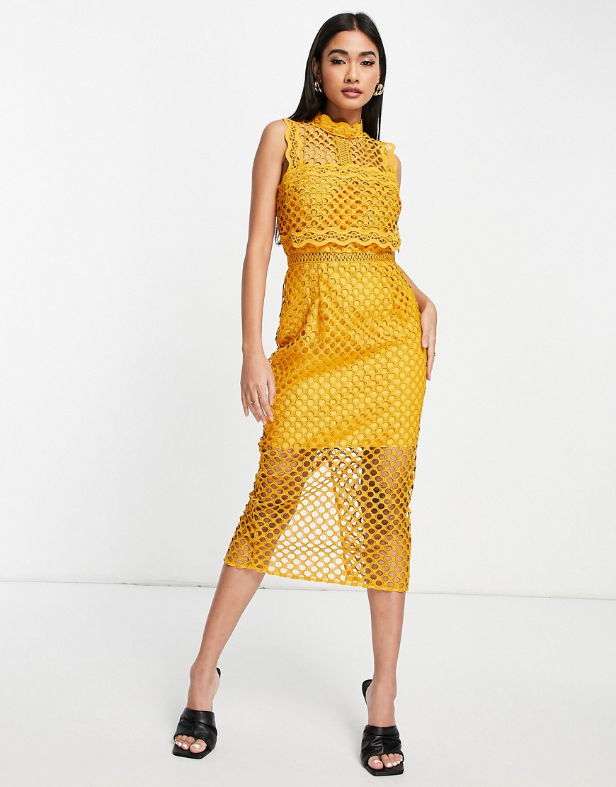 ASOS DESIGN structured lace pencil dress with high neck-Yellow