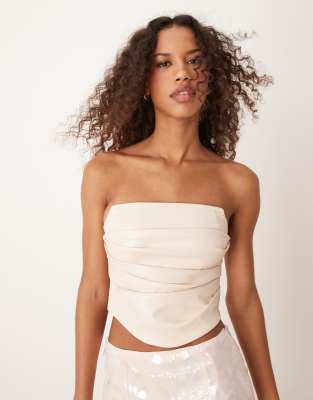 structured leather look corset top in cream-White