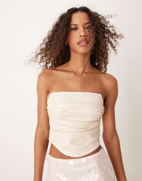 ASOS DESIGN structured leather look corset top in cream - view 1