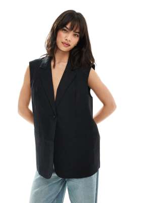 Shop Asos Design Sleeveless Tailored Linen Mix Blazer In Black