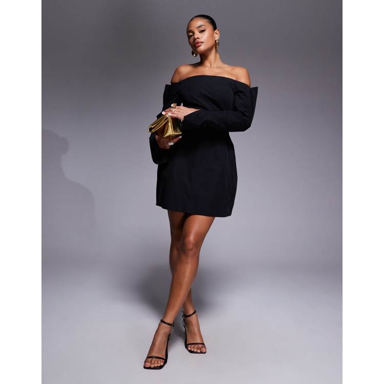 ASOS DESIGN structured long sleeve bardot mini dress with seam detailing in  black | ASOS