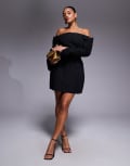 [ASOS DESIGN] ASOS DESIGN structured long sleeve bardot mini dress with seam detailing in black 8 Black