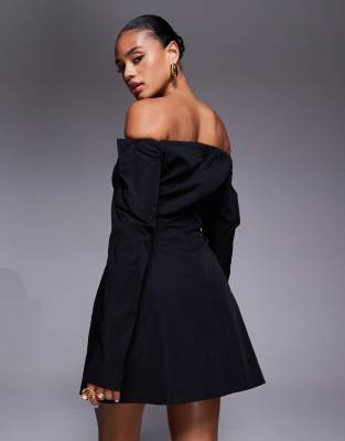 Asos Design Structured Long Sleeve Bardot Mini Dress With Seam Detailing In Blue