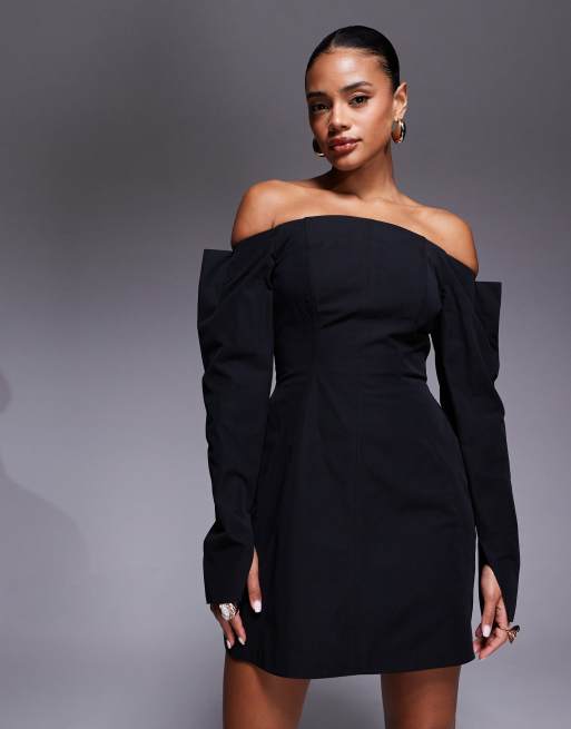 ASOS DESIGN structured long sleeve bardot mini dress with seam detailing in black