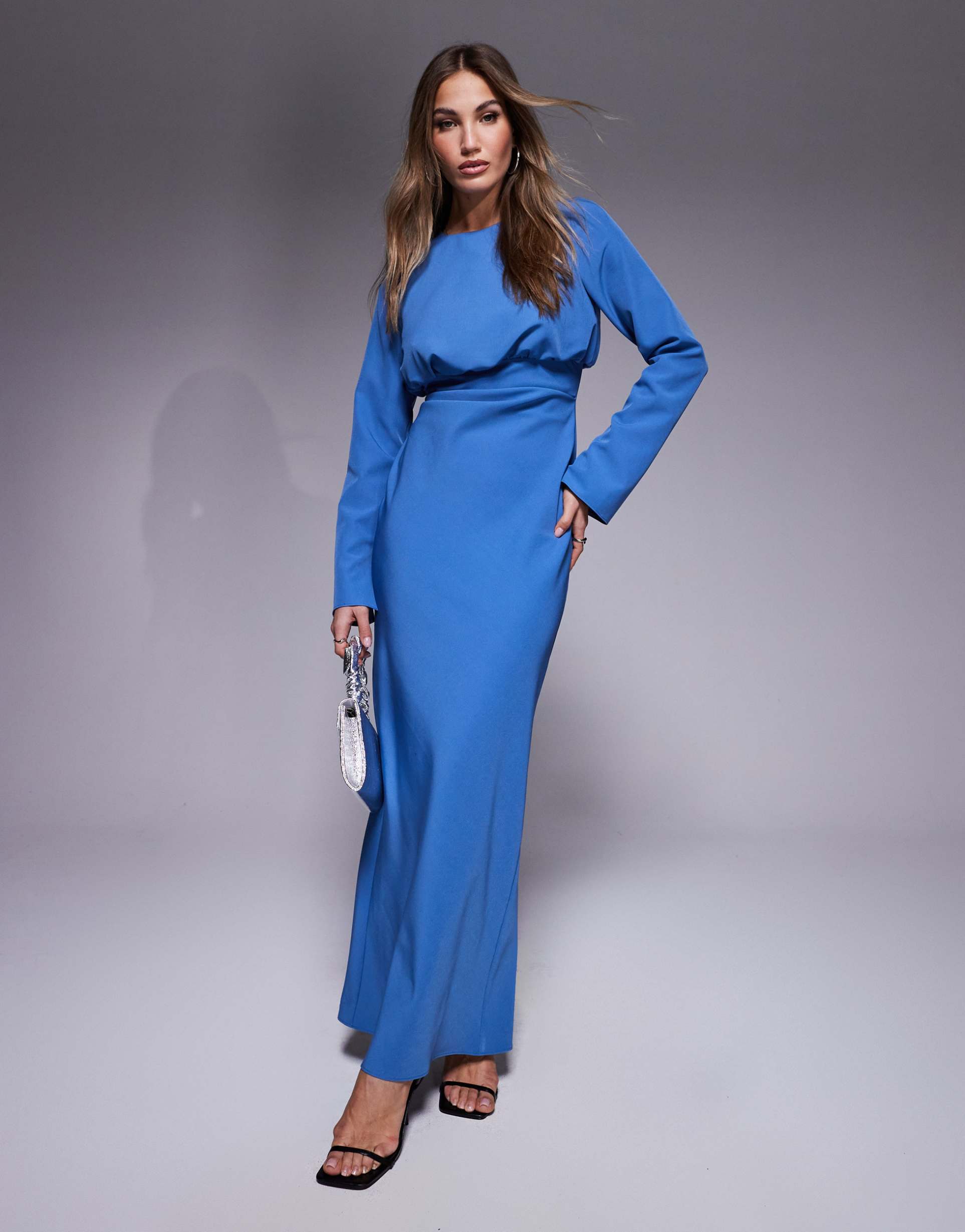 asos design structured long sleeve maxi dress with ruched bust in blue