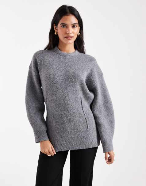 ASOS DESIGN structured longline waisted crew neck jumper in grey - view 1