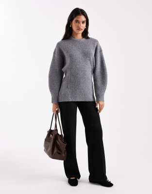 Asos Design Structured Longline Waisted Crew Neck Sweater In Gray