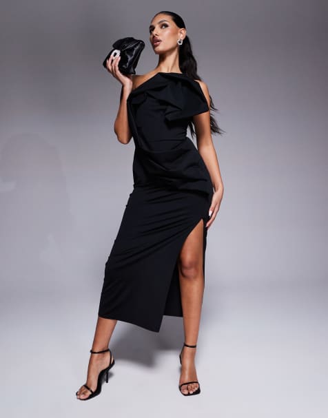 ASOS DESIGN structured manipulated fold midi dress in black - view 1