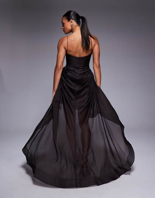 ASOS DESIGN structured manipulated rosette drape hitched high-low maxi dress in dark chocolate