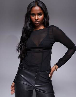 Asos Design Structured Mesh Long Sleeve Top With Corset Seam Detailing In Black
