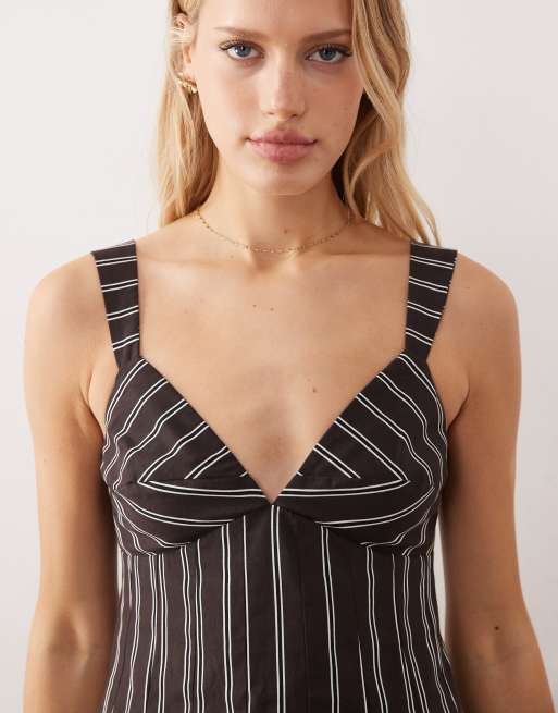 ASOS DESIGN structured midaxi cami slip dress in brown stripes, 3 of 4